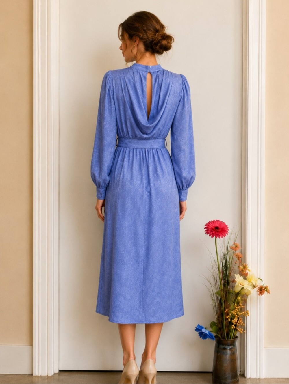 Vintage Periwinkle Blue 90's Silk Belted Dress with Cuffed Sleeves & Side Slit - Picture 8 of 12